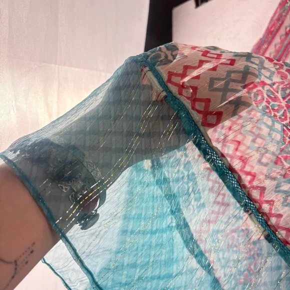 Ritu Kumar Multicolor Boho Blouse Sheer Flowy Long Sleeves NWT Sz 2 Festival - Picture 10 of 11